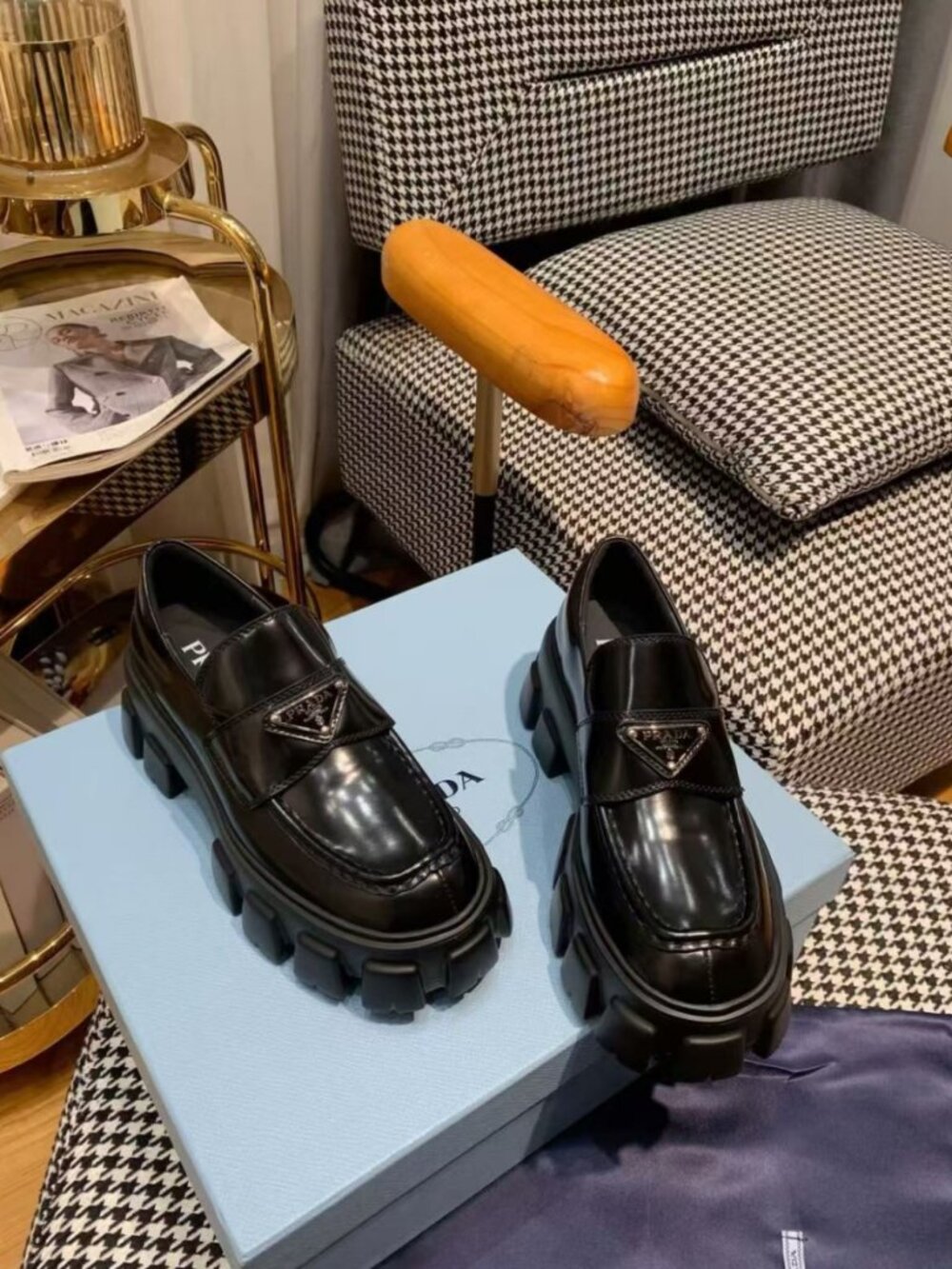 Prada Women’s Black Slip On Lug Sole Loafers